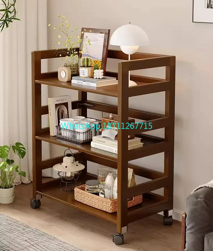 

Walnut Color Full Solid Wood Rolling Storage Cart Floor Standing Multi-layer Mobile Sofa Side Rack for Living Room Bedroom