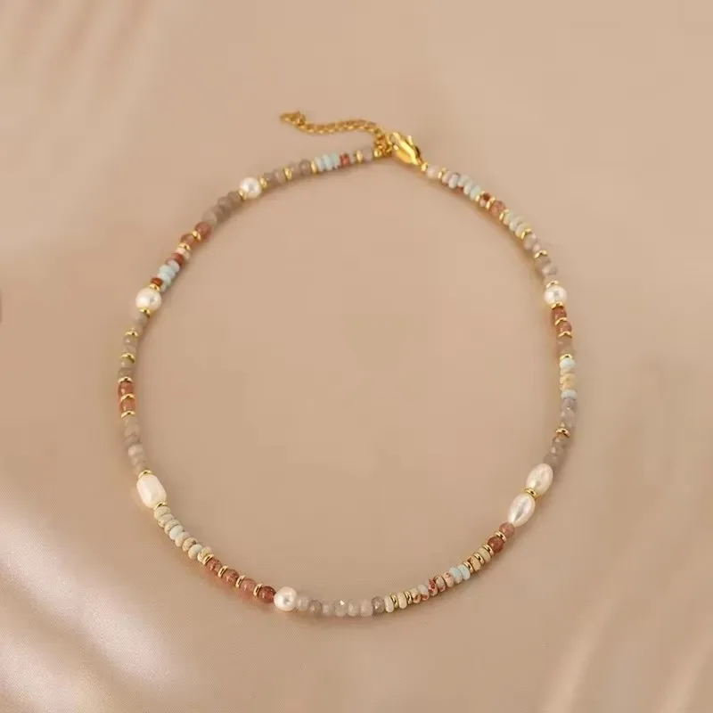 Minar Retro Colorful Natural Stone Crystal Freshwater Pearl Strand Beaded Necklace for Women 14K Real Gold Plated Copper Chokers