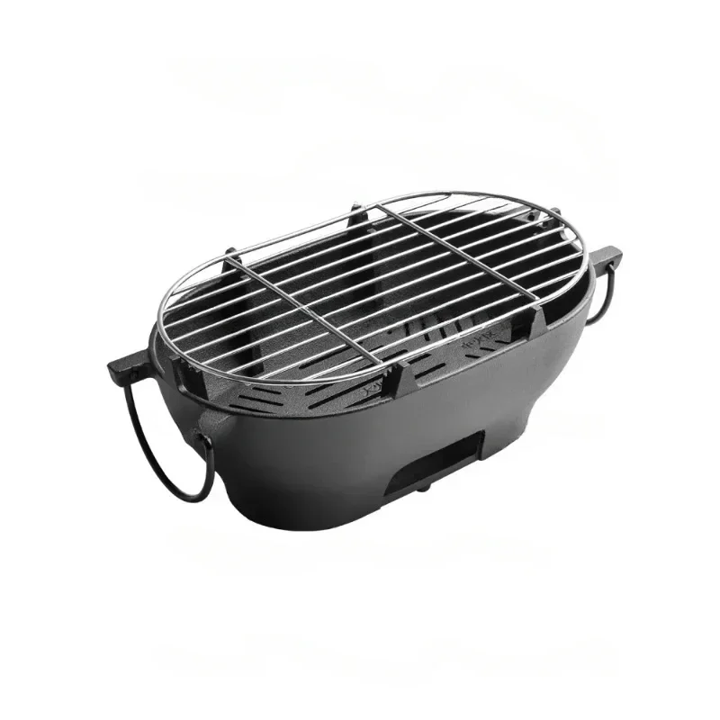 Cast Iron Barbecue Grill, Oval Charcoal, Portable, Multi-Functional Oven, Durable, Outdoor