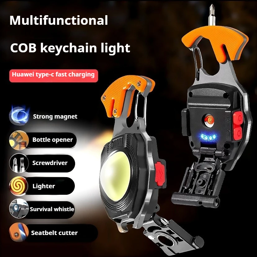

Многофункциональный брелок для работы, перезаряжаемый через USB светодиодный фонарь с прикуривателем для кемпинга, ремонта автомобилей и рыбалки
