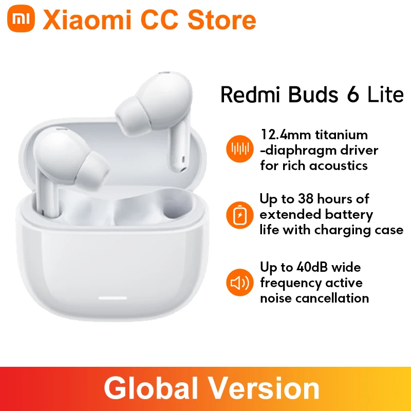 Global Version Xiaomi Redmi Buds 6 Lite 12.4mm Titanium-Diaphragm Driver 38h Ultra-long Battery Life Clear Calls Bluetooth® 5.3