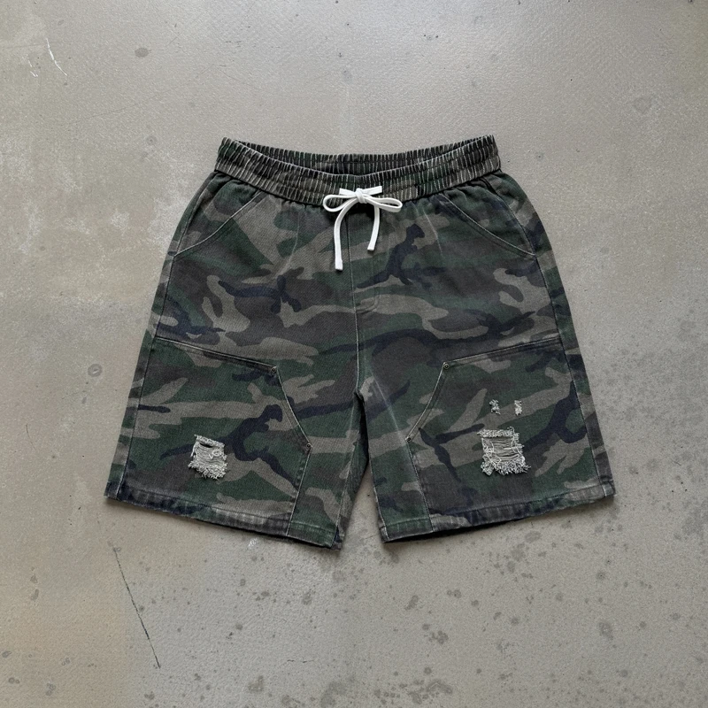 Vintage Camouflage Shorts Saint Heavy Washed Distressed Destroy Tassels Casual Drawstring Cropped Pants Men Women Streetwear