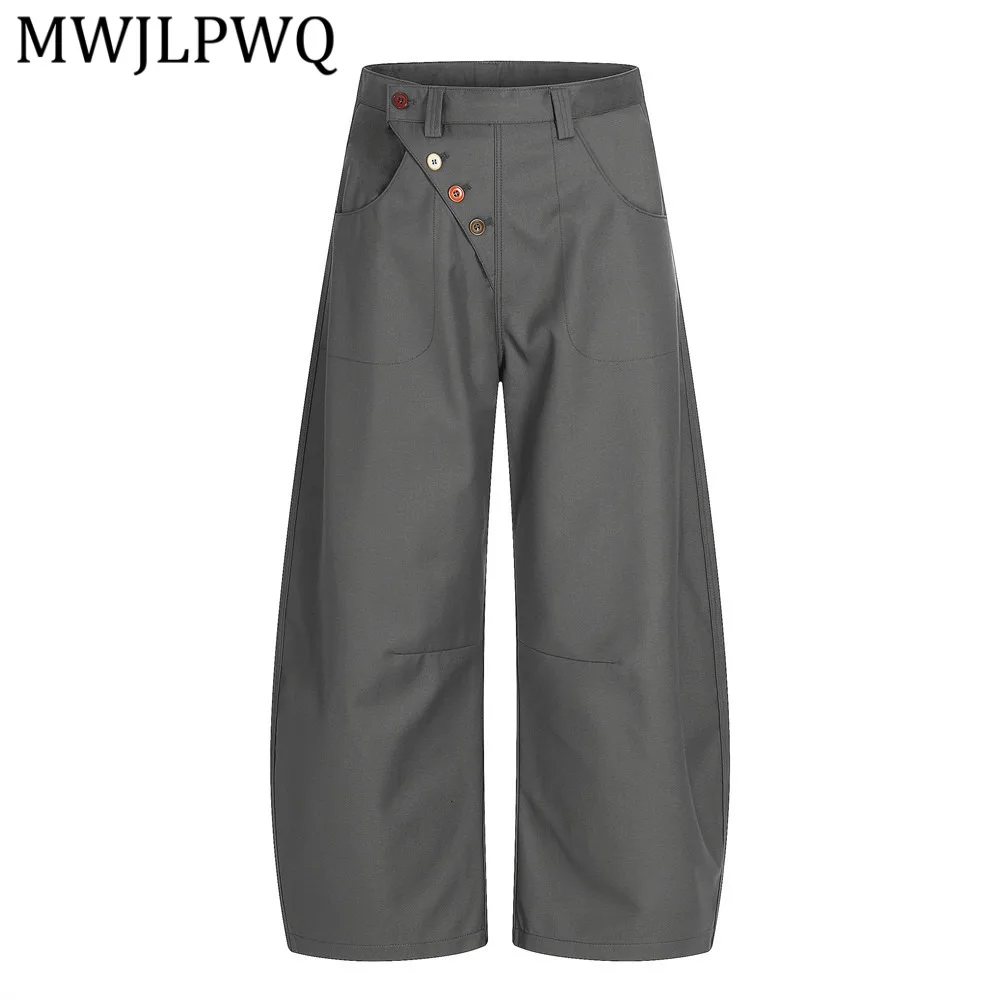 MWJLPWQ Mens High Waist Gray Wide Leg Pants With Asymmetric Colorful Buttons Unique Silhouette Streetwear Casual Trousers 15654