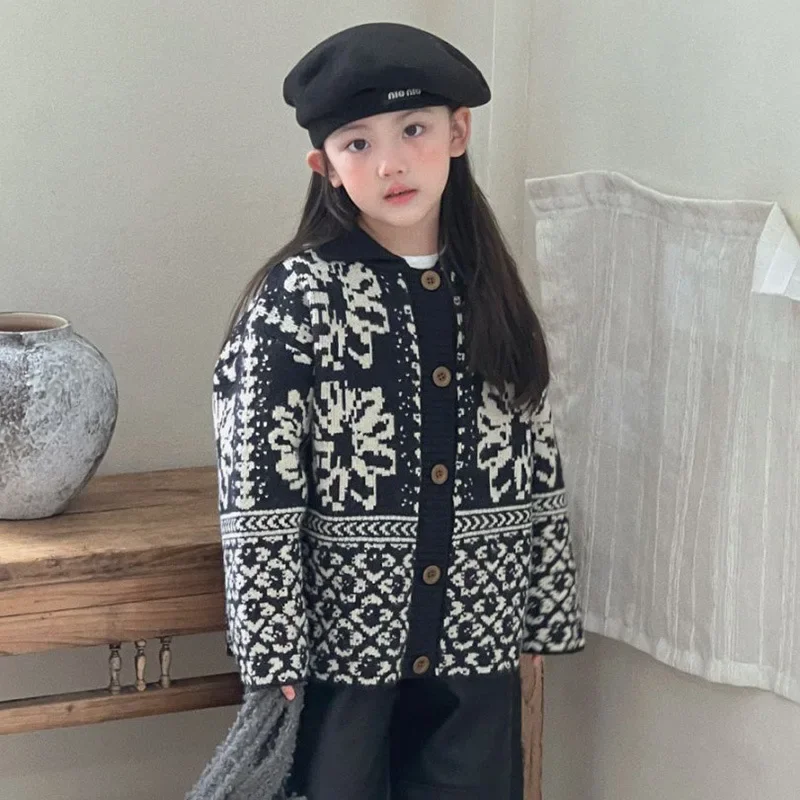 

Winter Children Single Breasted Sweater Girls Print Knitwear Coat Baby Loose Thick Warm Autumn Toddler Kids Cardigan