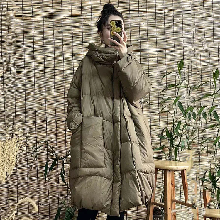 Schinteon Women White Duck Down Long Jacket with Hood Loose Over Size Coat Autumn Winter Warm Outwear Korean Style Big Pockets