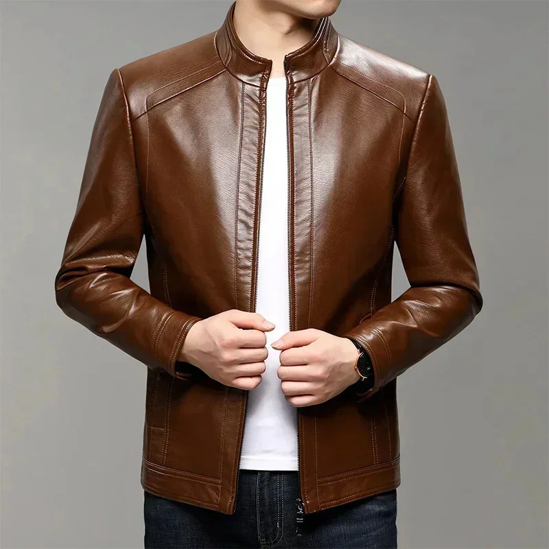 COZOK autumn and winter new men's leather jacket top slim soft stand collar clothing