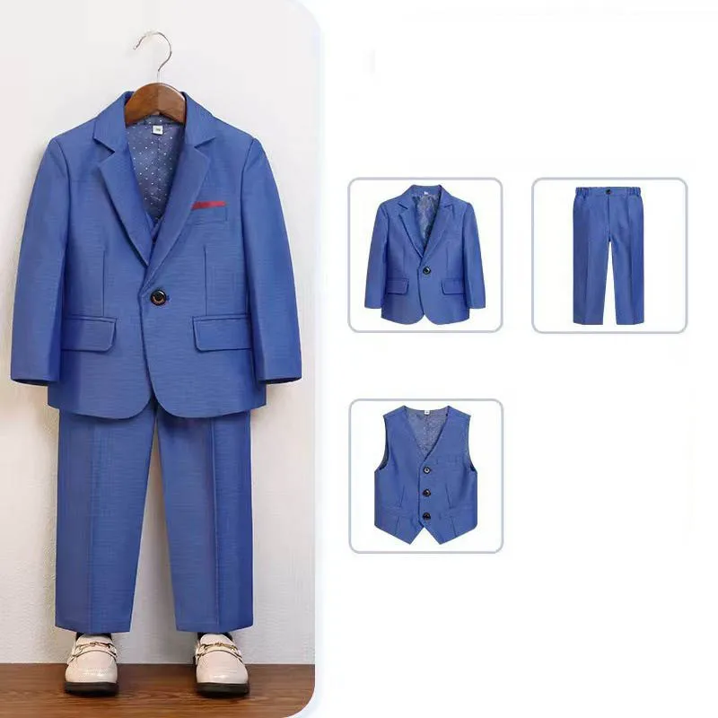 

Clearance Stock Sale Boys Shiny Blue 3Pieces Jacket Vest Pants Ring Bearer Suit Kids Wedding Party Dress Children School Costume