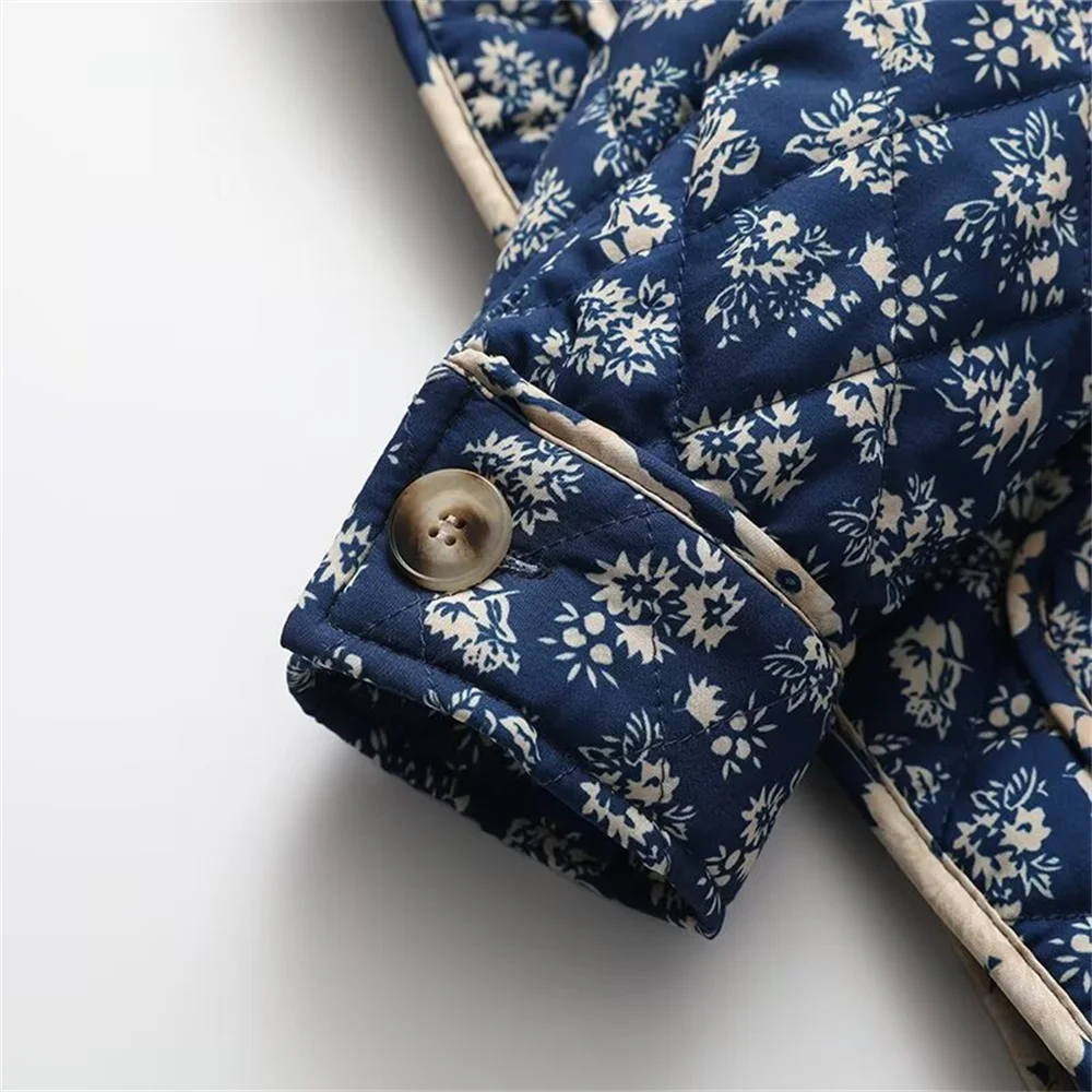 여성용 경량 프린트 코튼 재킷 겨울 신상품 싱글 브레스티드 포켓 장식 라운드 넥 코트