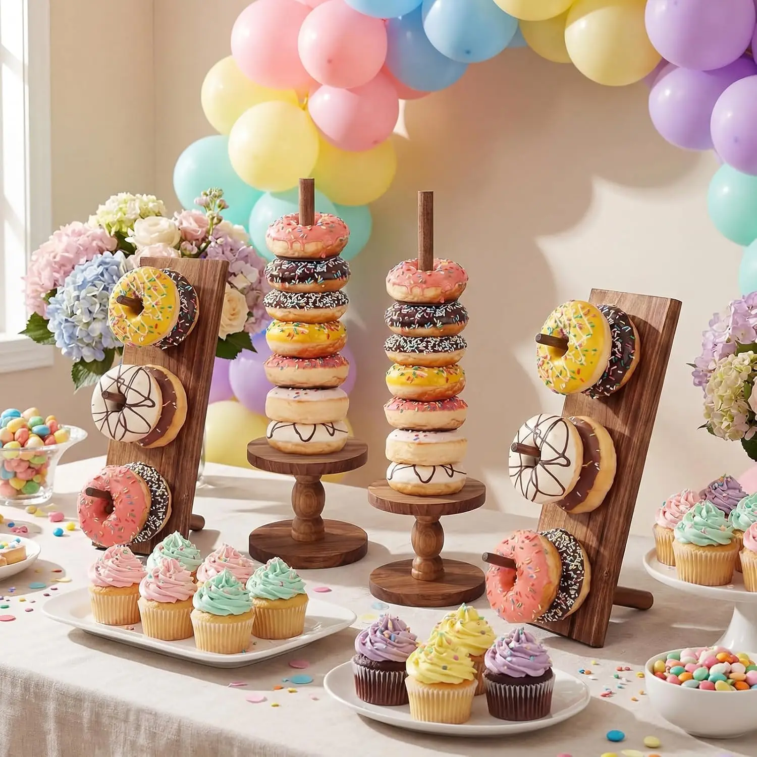 4 Pcs Donut Wall Holders Acacia Wood Donut Stand Bagel Display Stand for Party Dessert Table Birthday Wedding Baby Shower Bridal