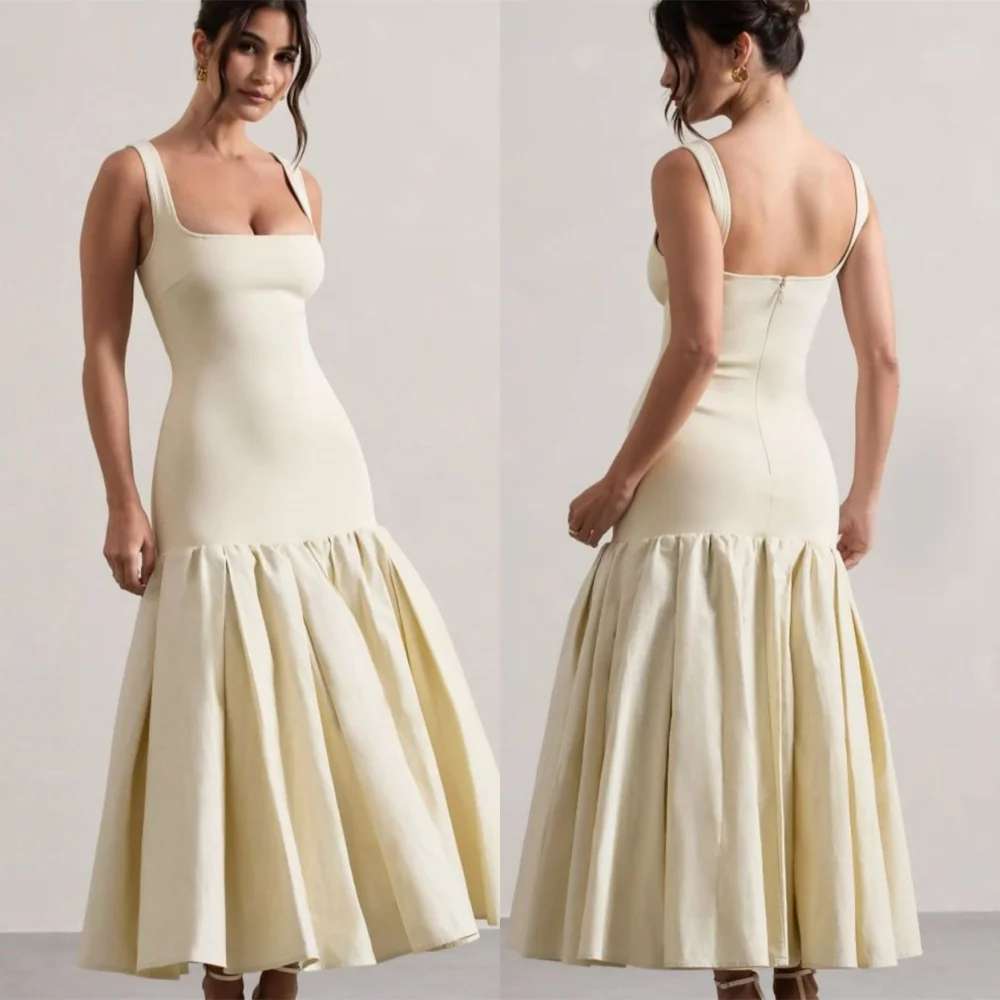 Customized Simple White Jersey Celebrity Gowns Formal Square Collar Spaghetti Straps Zipper Back Customized Vestido De Noche