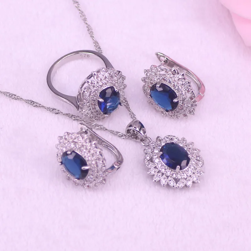 Factory Directly Sales Blue Stone Silver Color Costume Hoop Earrings Ring Necklace With Bracelet Set Bridal Jewelry