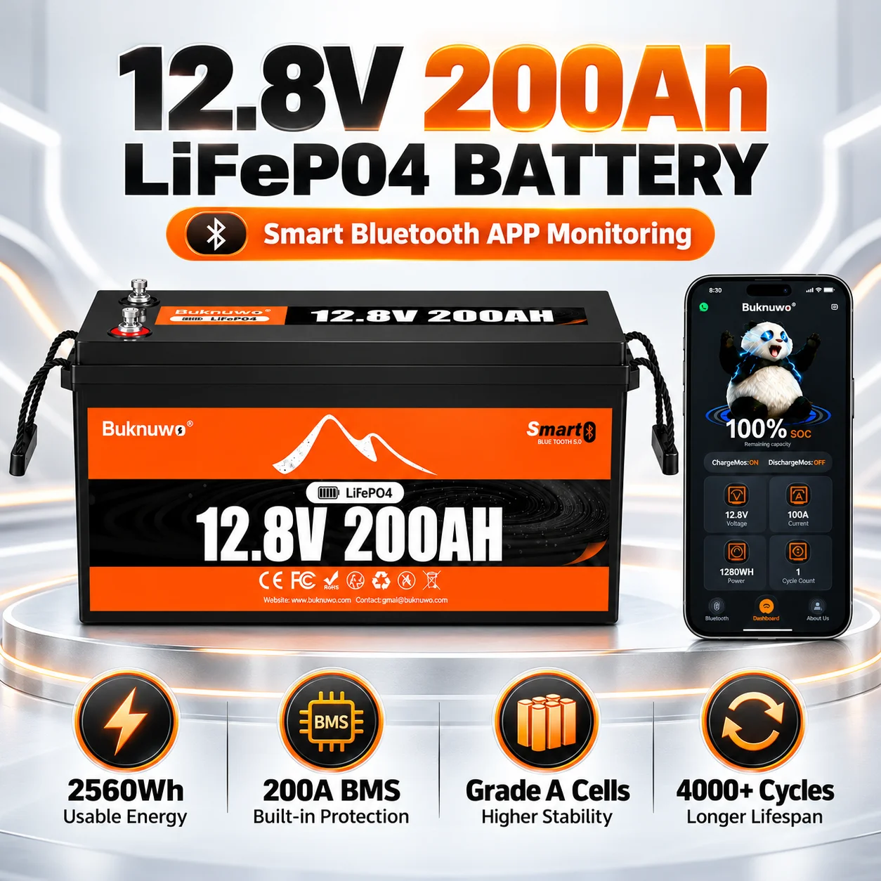 BUKNUWO 12V 150Ah 1920Wh LiFePO4 Lithium Battery 100A Smart BMS, Low-Temp Cut-Off, and Scalable 24V/36V/48V System for RV, Marine & Solar Power.