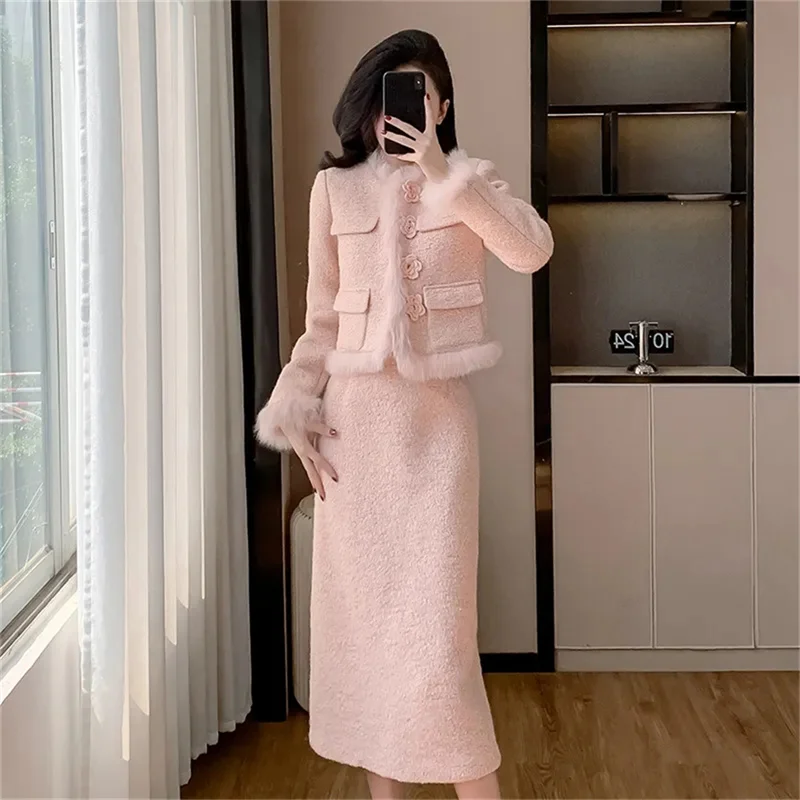 Winter Light Luxury Temperament Thickened Jacket Woolen Skirt High-End Long Skirt Set Mujer Three-Dimensional Decorate Coat Pink