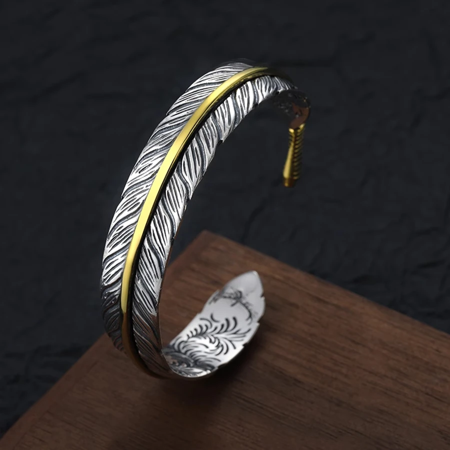 S925 sterling silver dot gold thread feather bracelet men's and women's hip hop stylish open bracelet niche style