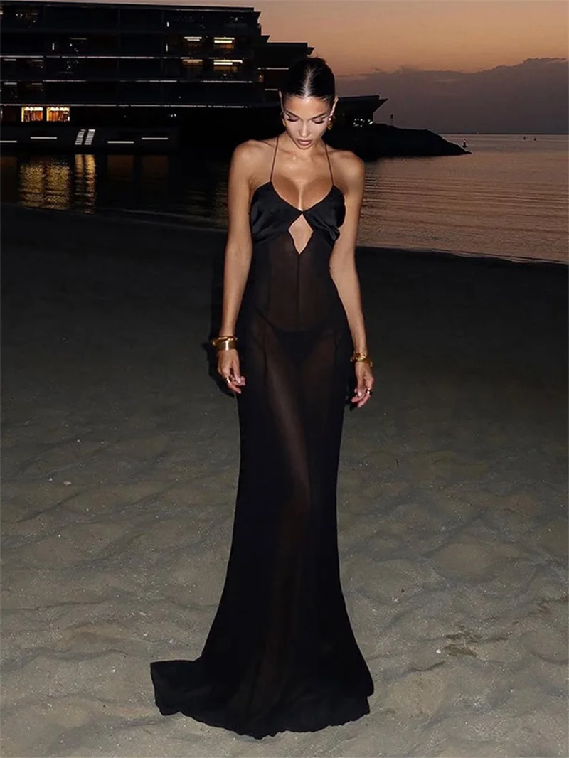 

Women Black Sheer Maxi Dress Satin Halter Neck Deep-V Neck See-Through Evening Gown Backless Slim-Fit Formal Prom Skirt In Stock