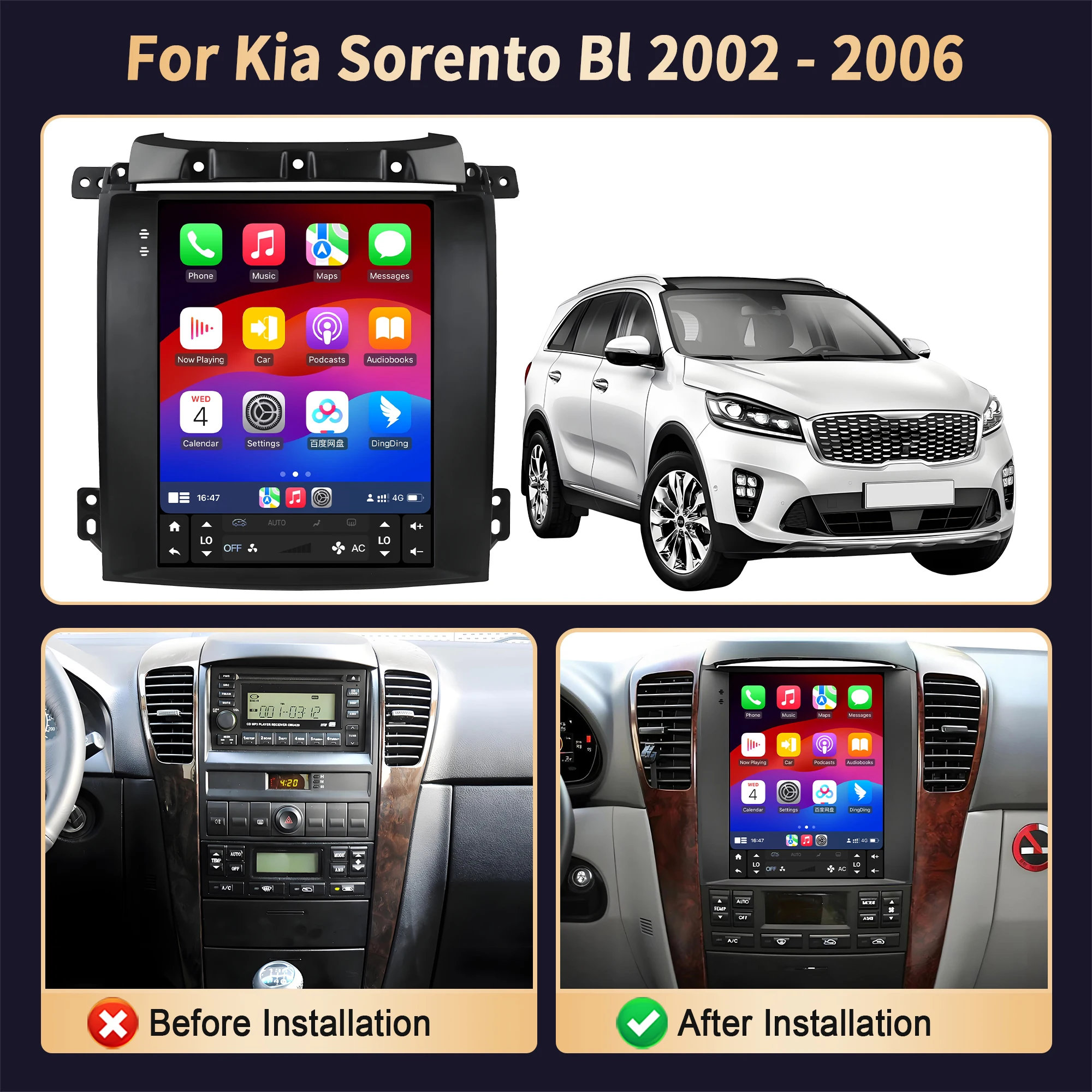 9.7 Inch For Kia Sorento Bl 2002 2003 2004-2006 Car Radio Wireless BT CarPlay GPS Navigation Multimedia Head Unit QLED Screen