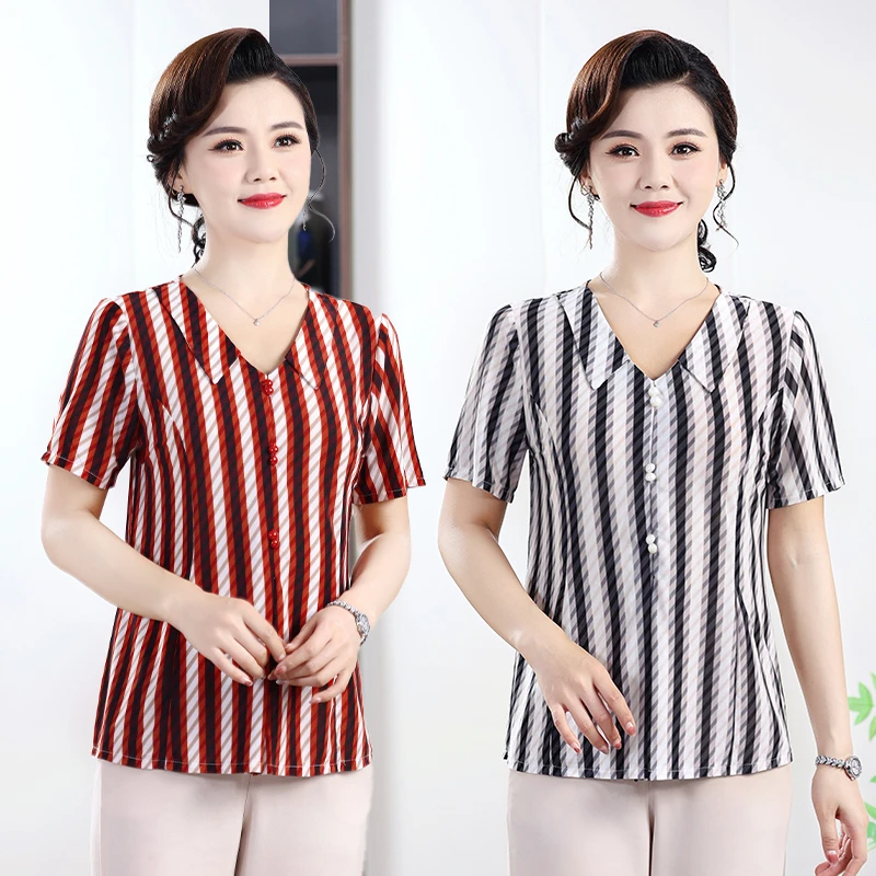 

Women's Pullover Printing Shirt Female Summer Midi Short Sleeve Button Polo Neck Slim Bottom Shirt