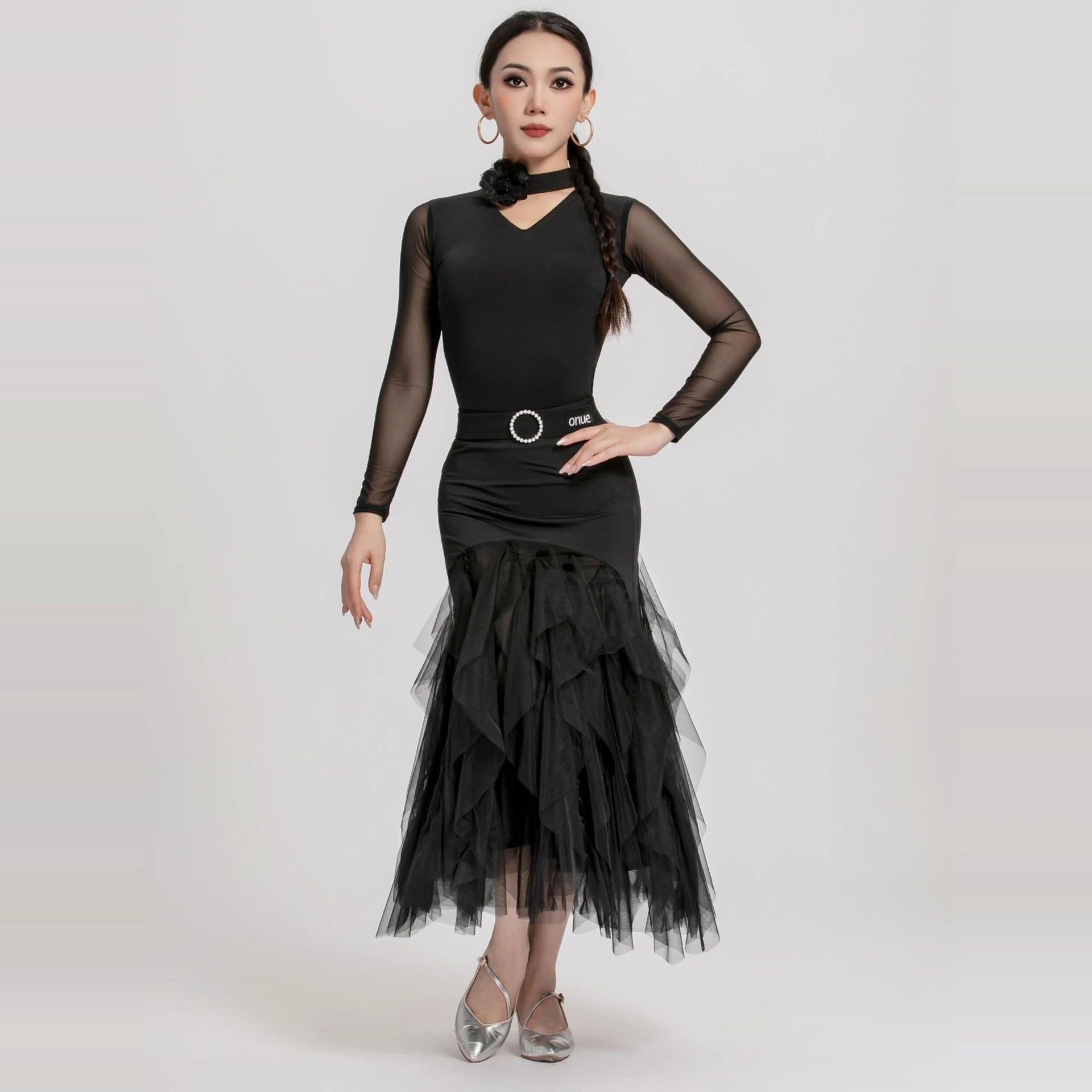 

Black Mesh Sleeves Latin Top Modern Dancing Skirt Women'S Waltz Ballroom Dance Costume Adults Latin Dance Dresses SL11870