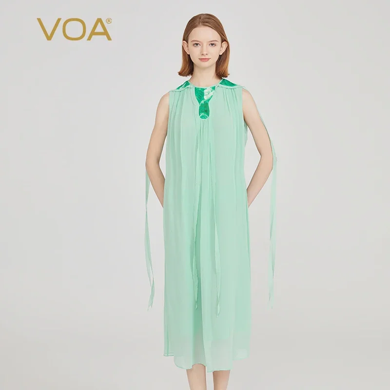 

VOA Emerald Green Double Layer Georgette Silk Round Neck Sleeveless Three-dimensional Binder Tucker Pleated Silk Dress AE2072