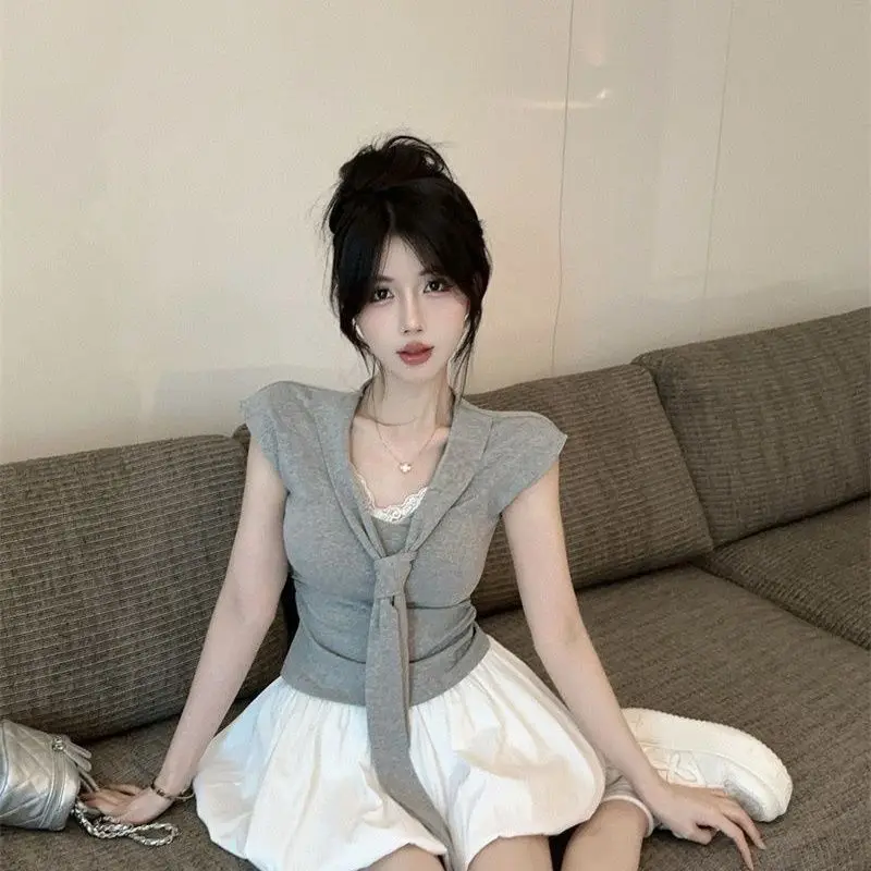 

Женский летний комплект в корейском стиле: юбка-пачка с высокой талией и топ с рюшами и лентами, кружевной топ с короткими рукавами