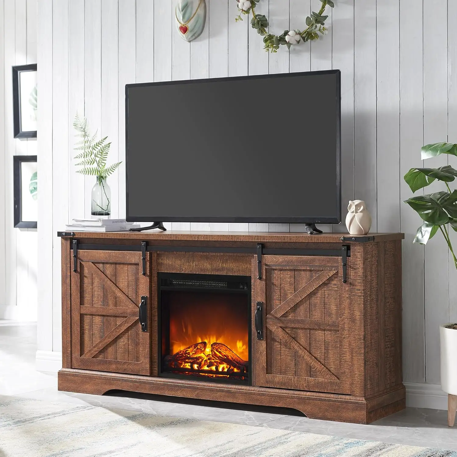 Farmhouse Electric TV Stand for 65+ Inch TV, Rustic Entertainment Center with 18