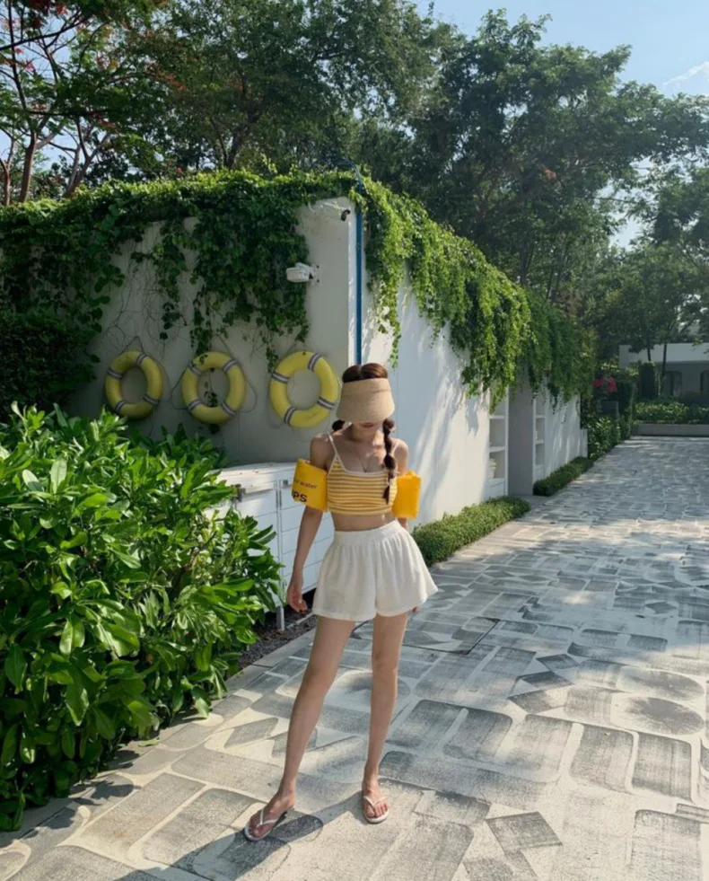 

Women Pink High Waist Bikini Set Striped Korea Style Swimwear Shorts Swimsuit Crop Top Bathing Suit Tummy Control Rash Guard`