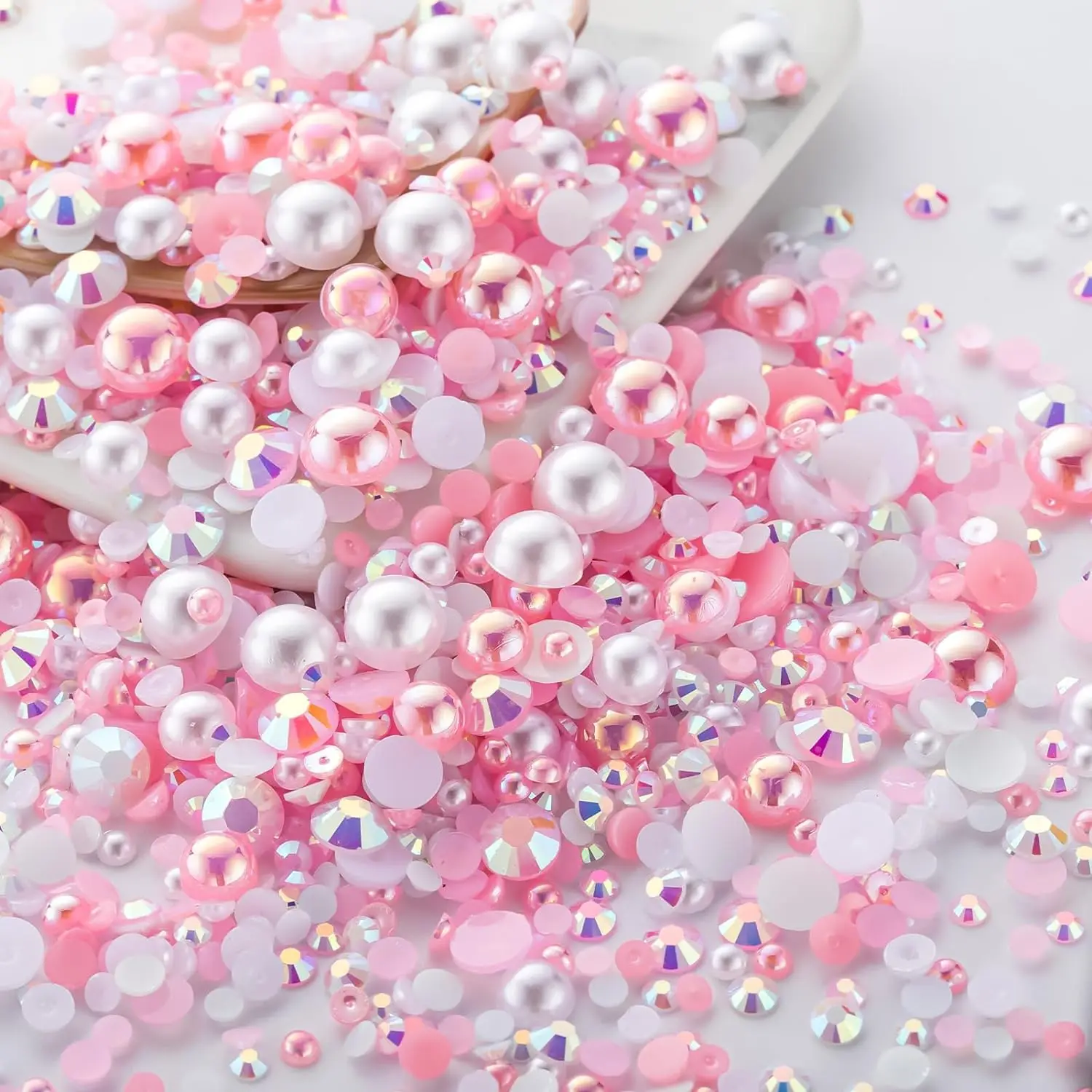 3600Pcs Light Pink and White Pearl Rhinestones for Crafts, Mixed Size 4mm-8mm AB Color Round Half Pearls, Flat Pearls and Resin