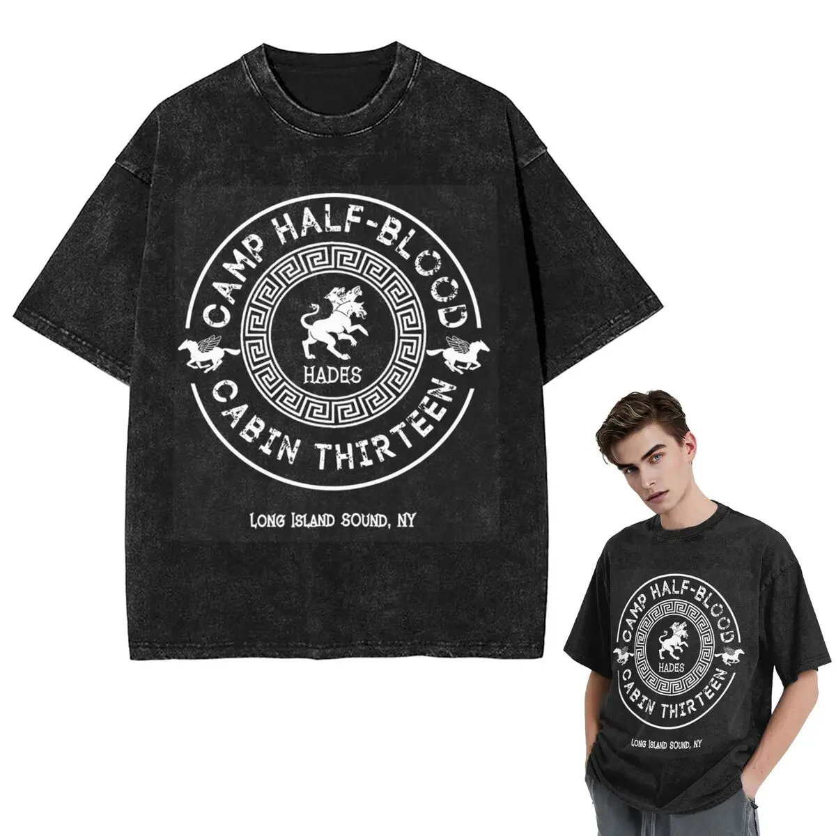 Streetwear T-Shirts Cabin Thirteen Hades Percy Jackson Camp Half-Blood Washed T Shirt Short Sleeve Hip Hop T-Shirt Tops Tees
