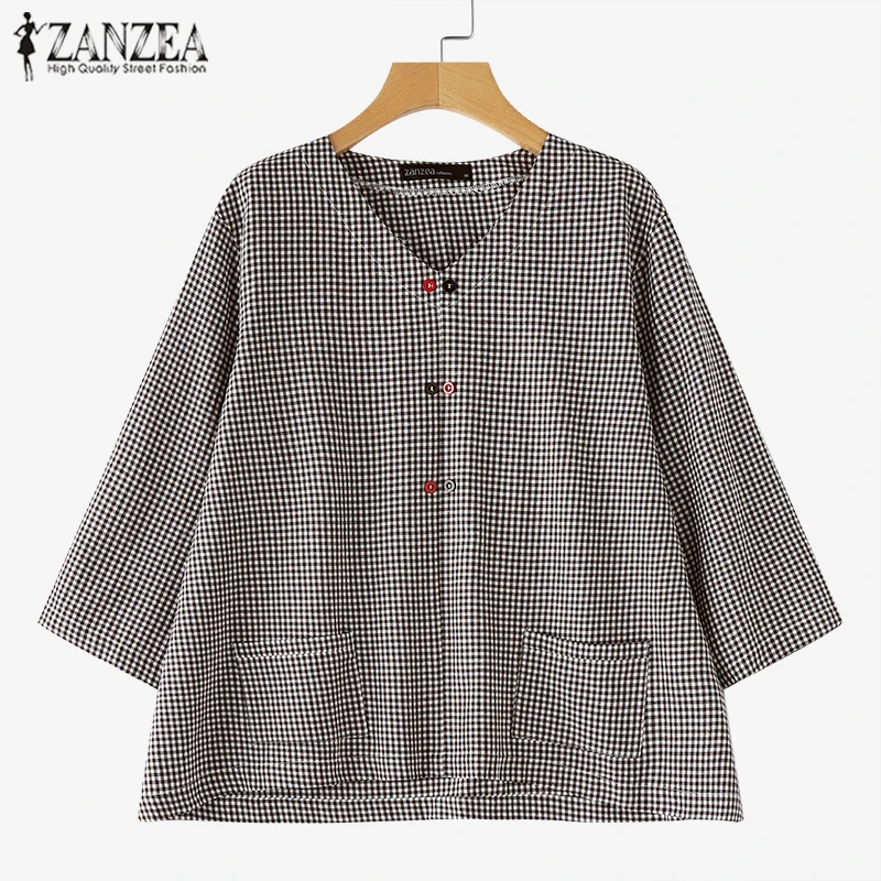 ZANZEA 2025 Herfst Shirt Mode Tuniek Casual Losse Vrouwen Blouse Gecontroleerd Gedrukt Pocket 3/4 Mouw Ronde Hals Tops Blusas Femme
