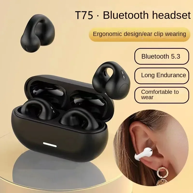 NEW Bluetooth 5.3 Wireless Bone Conduction Headphones T75 Clip Ear Music Noise Canceling Headset HD Call Sports Gaming Earphone