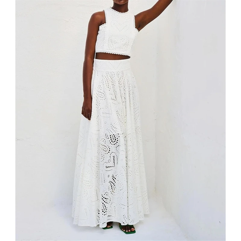 Women's Elegant Y2k Eyelet Maxi Skirt Set Lace Embroidered Crop Tank Top + Flowy Long Skirt Set Boho Two Piece Vacation Outfits
