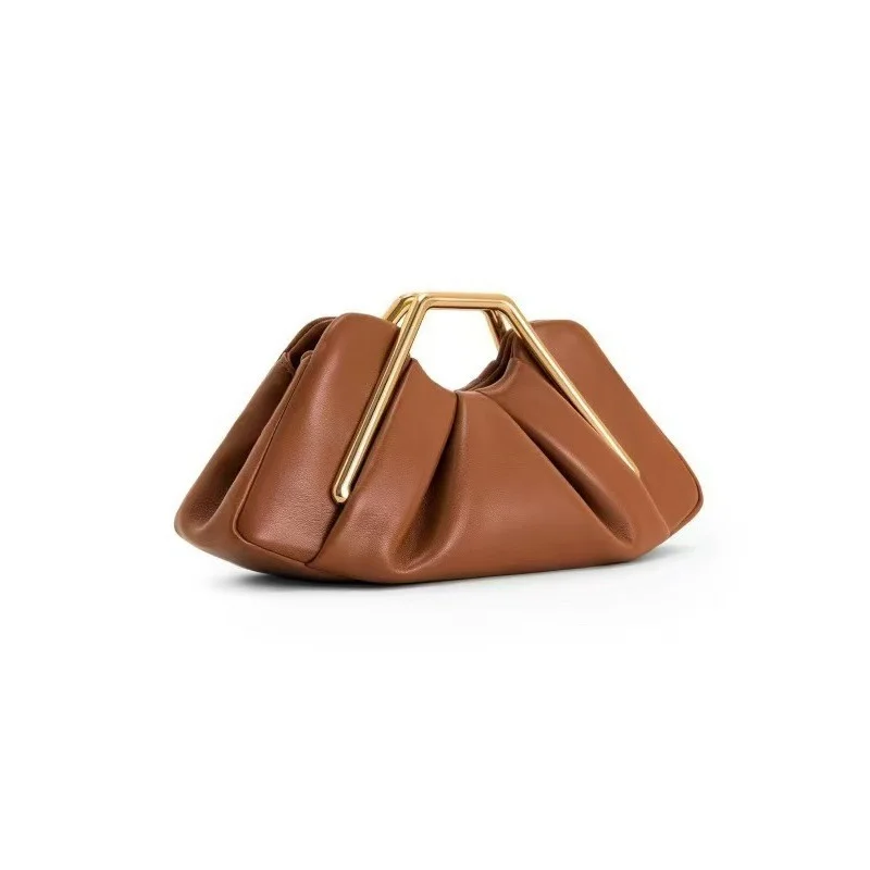 Retro Folded Leather Handbag Featuring Unique Texture and Metallic Accent Perfect for Party Wedding Daily Use