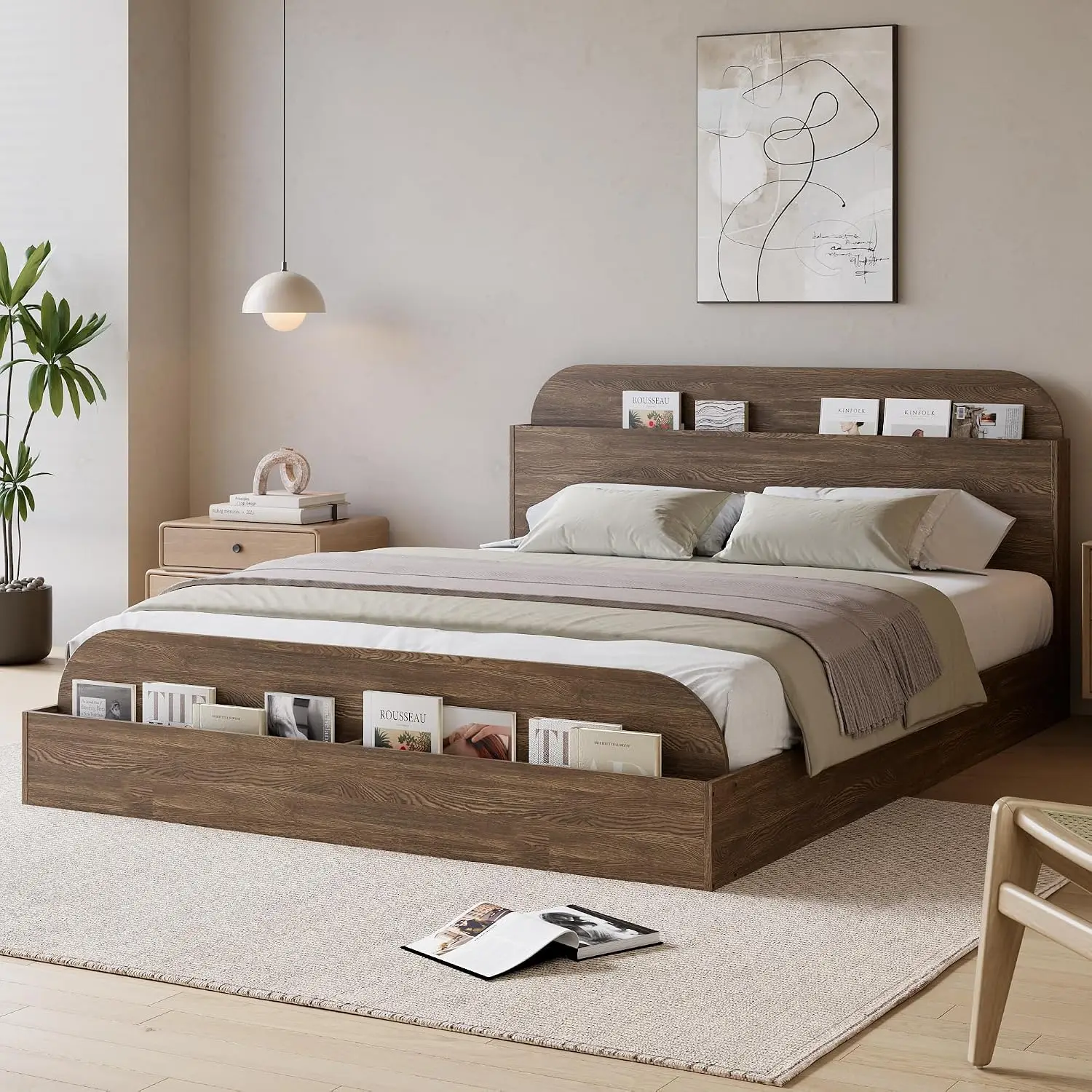 Queen Size Low Platform Bed Frame, Walnut Wood Floor Bedroom Furniture, Customized - view 6