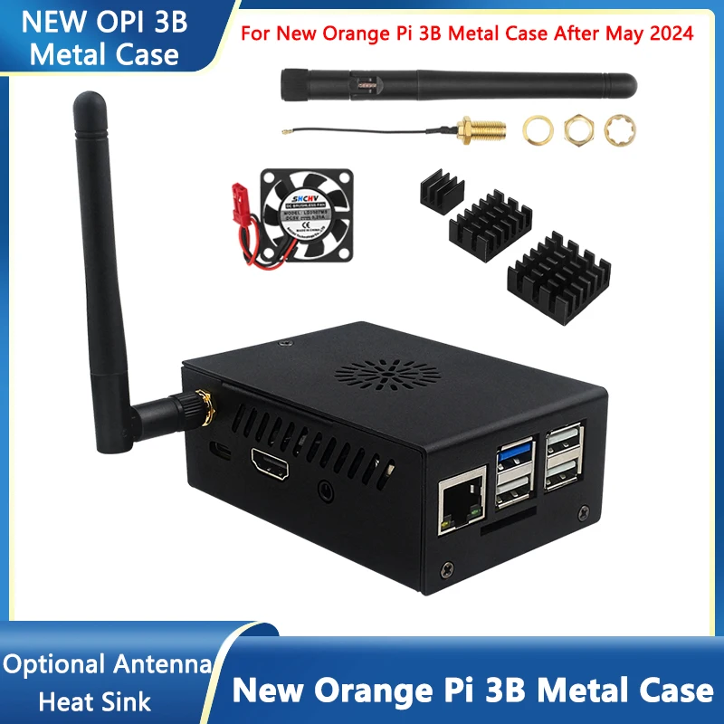 New Orange Pi 3B Metal Case Black Aluminum Shell with Cooling Fan Optional Antenna for New Versoin Orange Pi 3B After May 2024