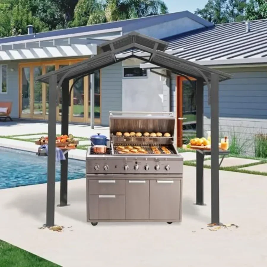 Domi 8x5FT Hardtop Grill Gazebo, Outdoor BBQ Gazebo with 2 Side Shelves and Ceiling Hook, Metal Grill Canopy with Galvanized St