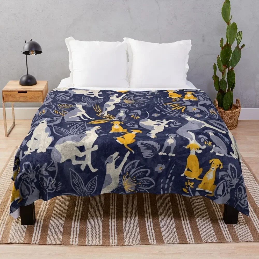 

Greyhound midnight blue and yellow pattern Throw Blanket Stain Resistant Cozy Warm Blanket