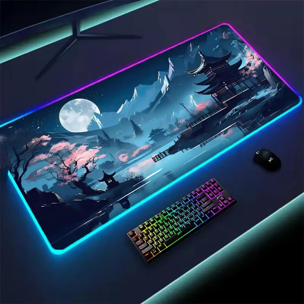 RGB Sakura Scenery Mousepad Japan Cherry Blossom Gaming Non-slip Table Pad Glowing Keyboard Mouse Pad Laptop Mat With Backlight — RGB