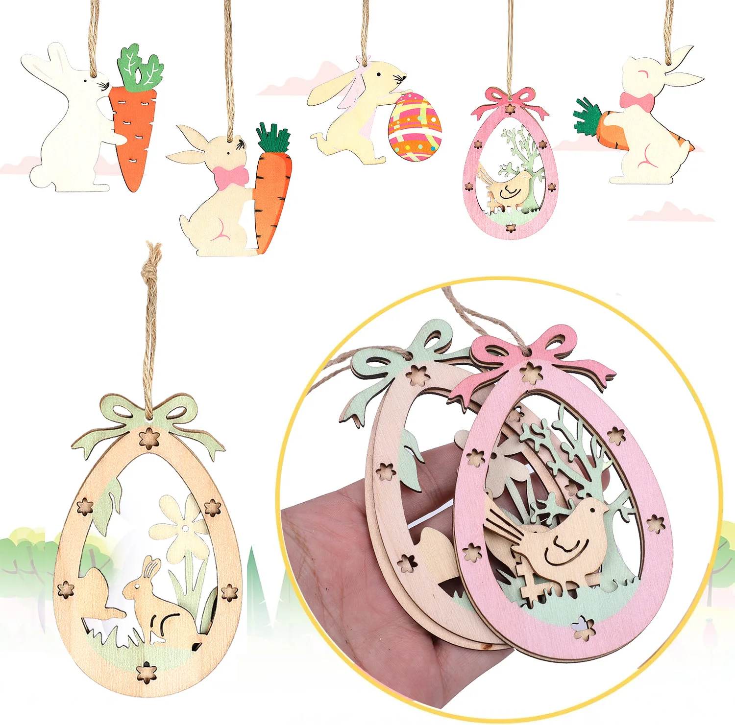 

Happy Easter Rabbit Egg Hanging Ornaments Rabbit Egg Hollow Wood Slices Pendant Easter Party Decor For Home DIY Crafts Supplies