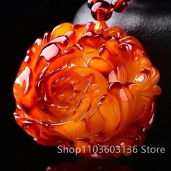 Natural Amber Beeswax Pendant Baltic Amber Peony Flower Ladies Sweater Chain Pendant Beeswax Necklace Jewelry Necklaces Women