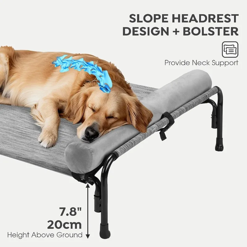 Large Elevated Dog Bed, Raised Dog Cot Bed with One-Sided Removable Headrest Bolster, Outdoor Dog Bed