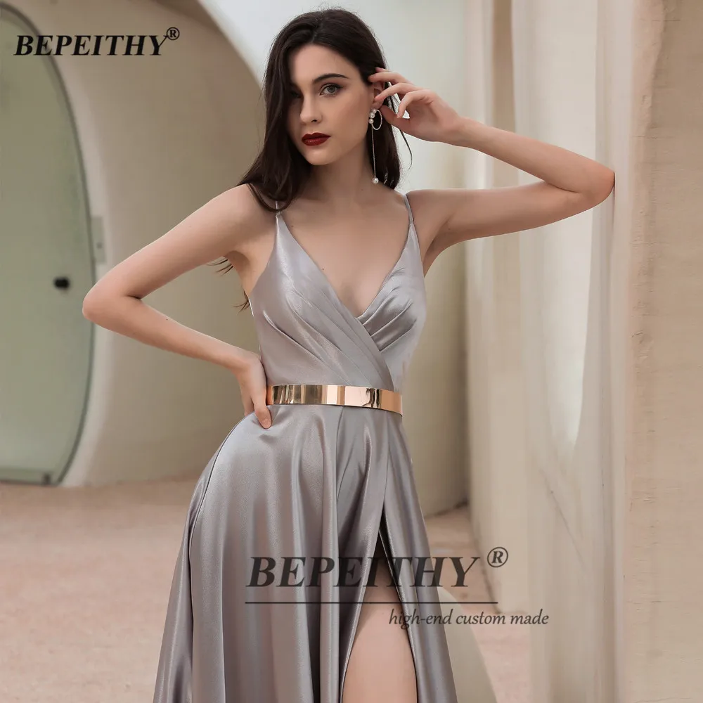 BEPEITHY Customized  A-Line Prom Dress High Slit With Sash Court Train V Neck Sexy Evening Dresses For Women 2023 Elegant Gowns