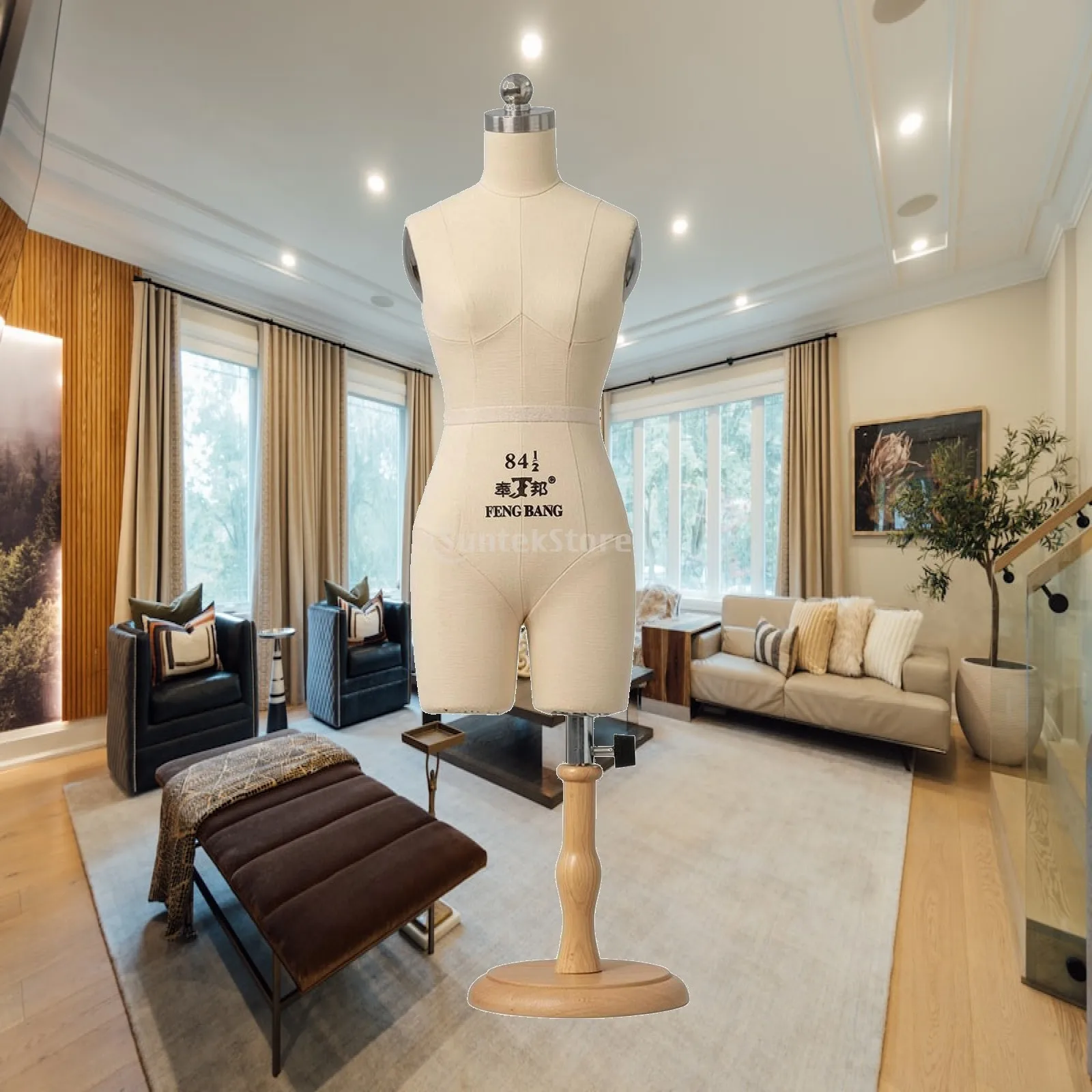 Pinnable Female Torso Mannequin Stand for Sewing and Clothing Display with Linen Cover and Metal Support
