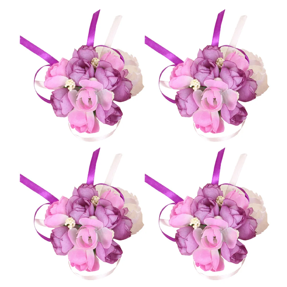 

4Pcs Wedding Wrist Flower Brooch Bridal Floral Silk Bracelet Artificial Flower Ornament for Party Photography Decor