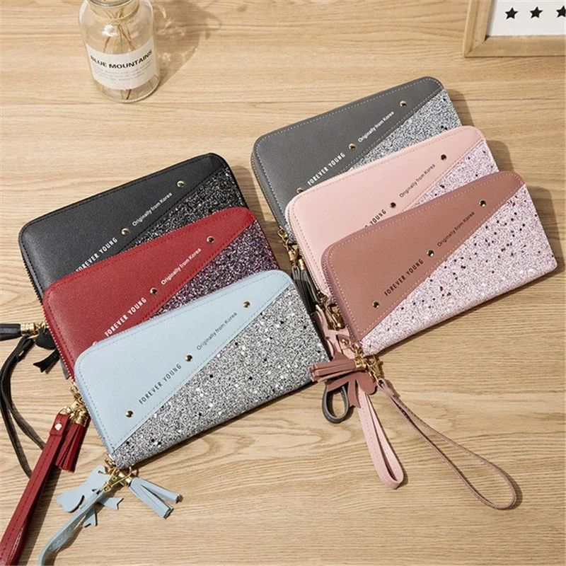 Women Long Wallet Patchwork Sequin Clutch Bag Glitter Pu Leather Ladies Phone Bag Card Holder Coin Purse Female Wallets