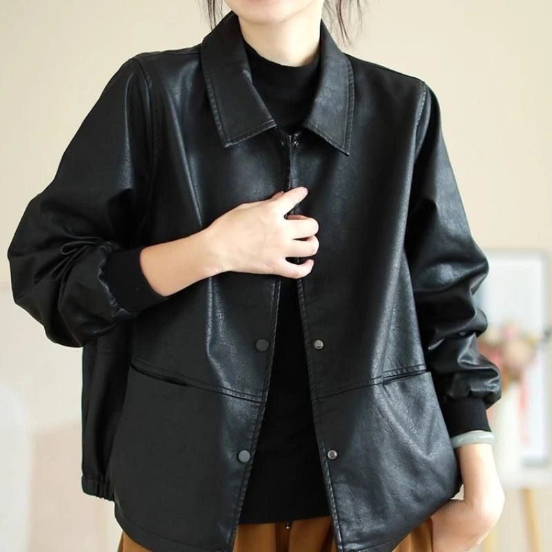 Fashionable Short PU Leather Jacket Women's Loose Fit Slimming Spring Autumn New Style Age-Defying Small Size Casual Style