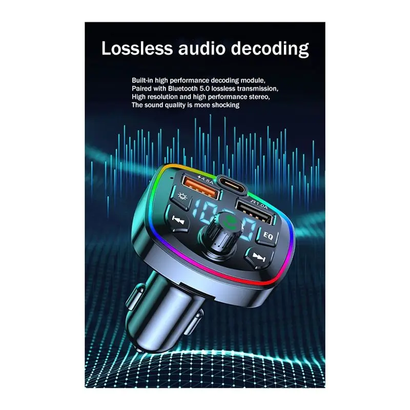 AA80 Car Bluetooth FM Transmitter Car Bluetooth MP3 Player Dual USB Car Charger with EQ Atmosphere Light