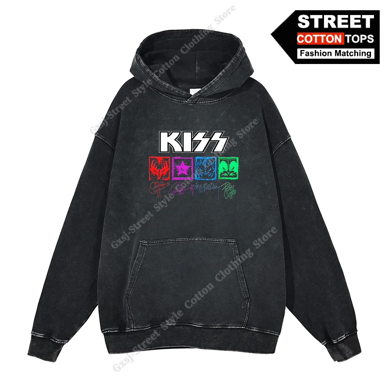 

Rock KISS Hoodies Cotton Washed Vintage Oversized Tracksuit Pullover Tops y2k Hip Hop Street Men Women Casual Loose Sweatshirt