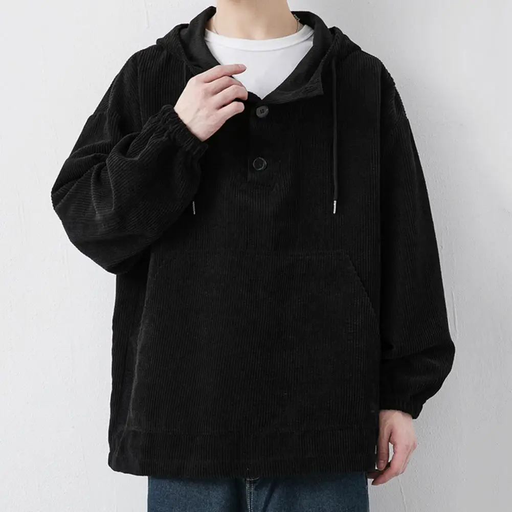 

Hooded Button-up Top Men's Solid Color Hoodie with Drawstring Patch Pocket Casual Pullover with Button Decor for Fall Spring