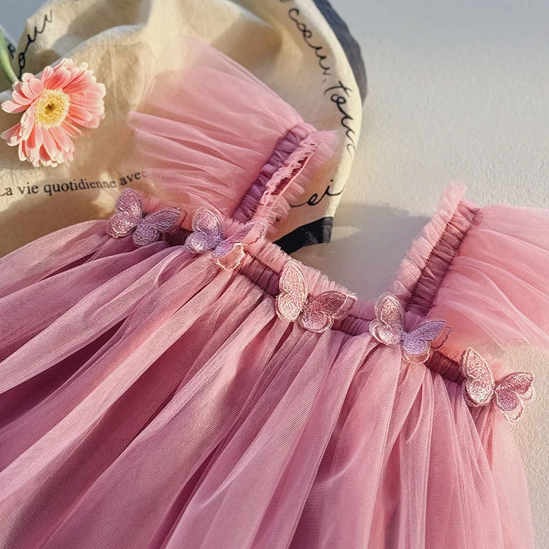 Girls Mesh Tulle Princess Slip Tutu Dresses Kids Sweet 3D Butterfly Mermaid Birthday Dress 1-6T Children Princess Dress