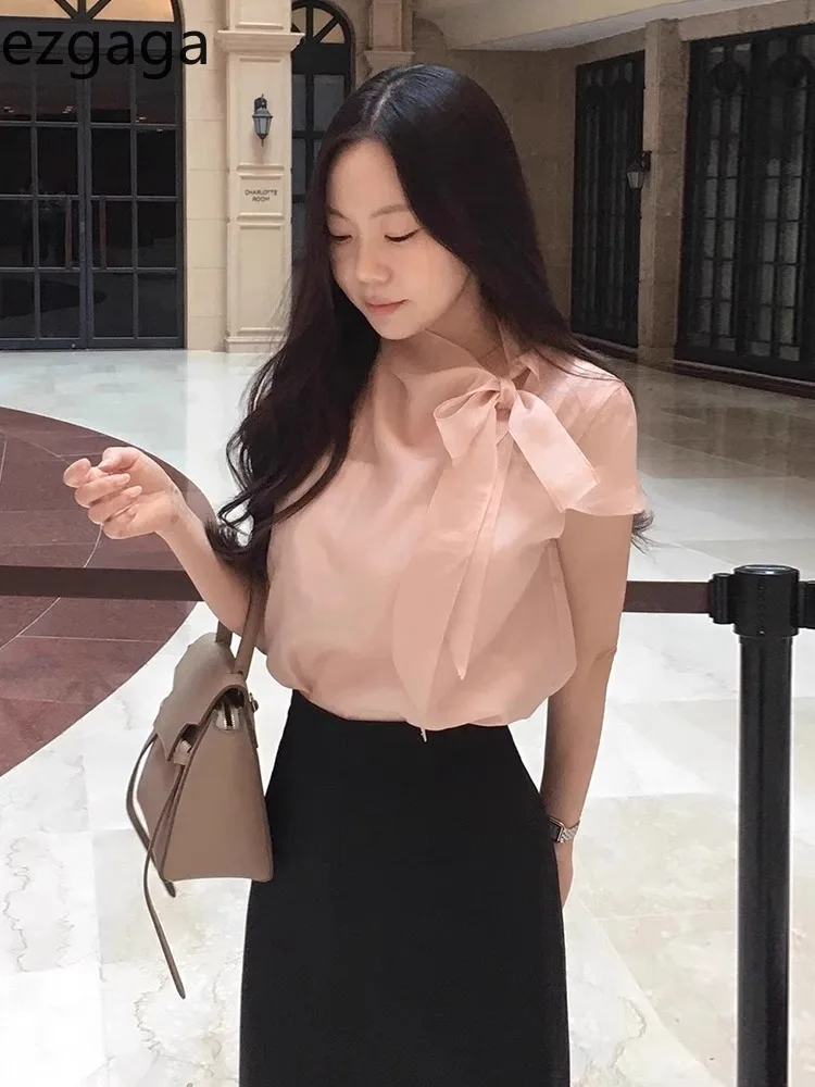 

Ezgaga Women Shirts Bandage Bow Short Sleeve Loose Solid Elegant Sweet French Style Chic Office Lady Blouse Casual Tops